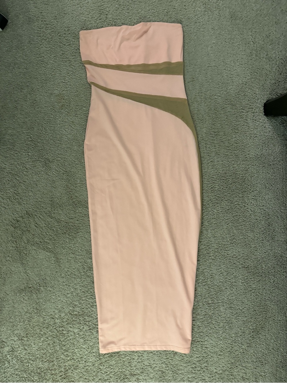Strapless Pink Midi Dress with Olive Accent Panels